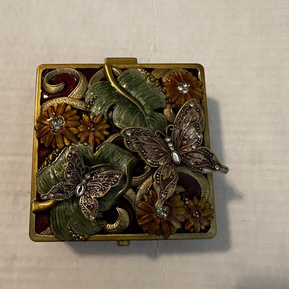 Enamel Butterfly Flower Trinket Box Multicolor Metal w/ Mirror & Lining 4"x2" - Picture 1 of 5